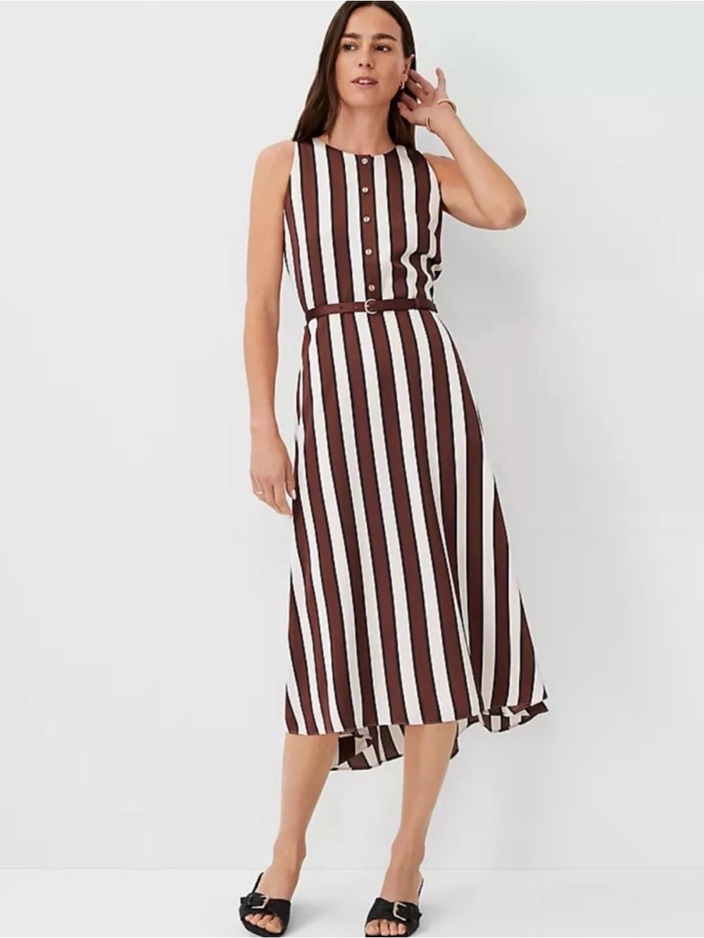 Ann Taylor Brown and White Striped Sleeveless Maxi Dress
